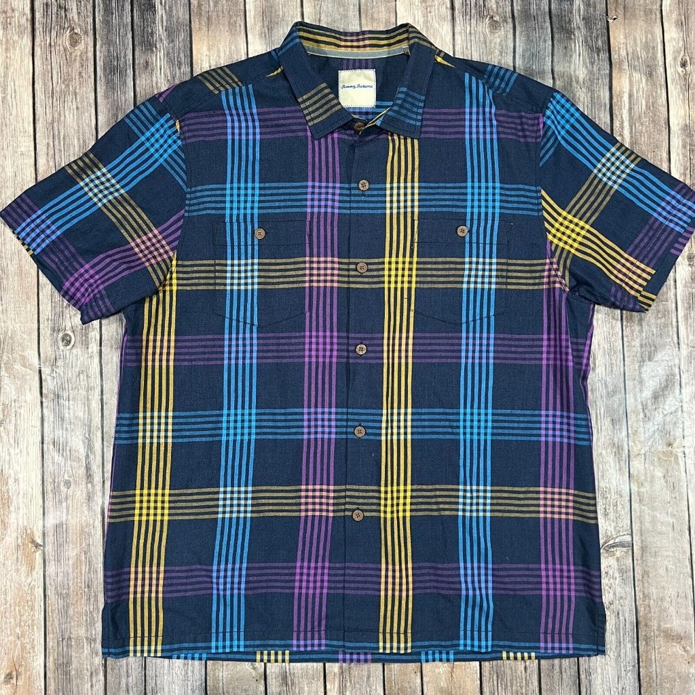Tommy Bahama Silk Short Sleeve Button Shirt XL Blue Purple Plaid Camp Hawaiian